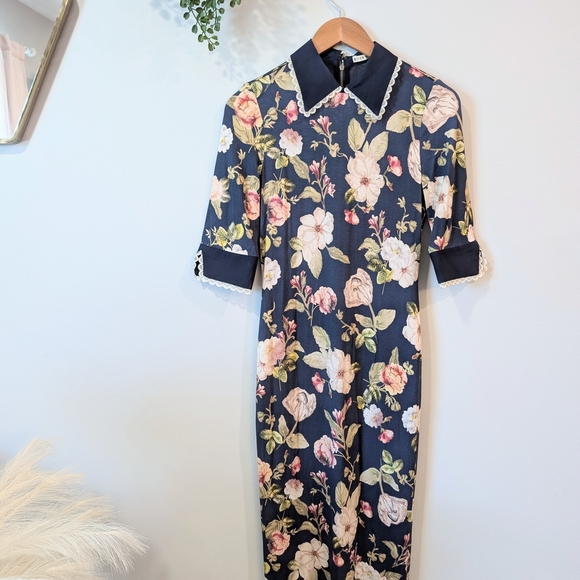 Alice + Olivia Floral Long Sleeve Dress - Navy and White - Picture 4 of 16